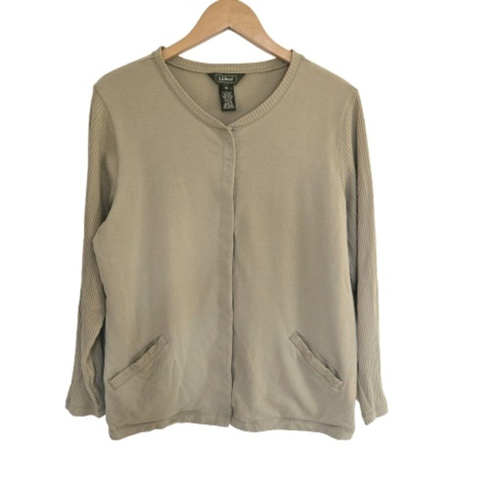 L.L.Bean Khaki Beige Cotton Blend Ribbed Sleeve Snap Front Cardigan M